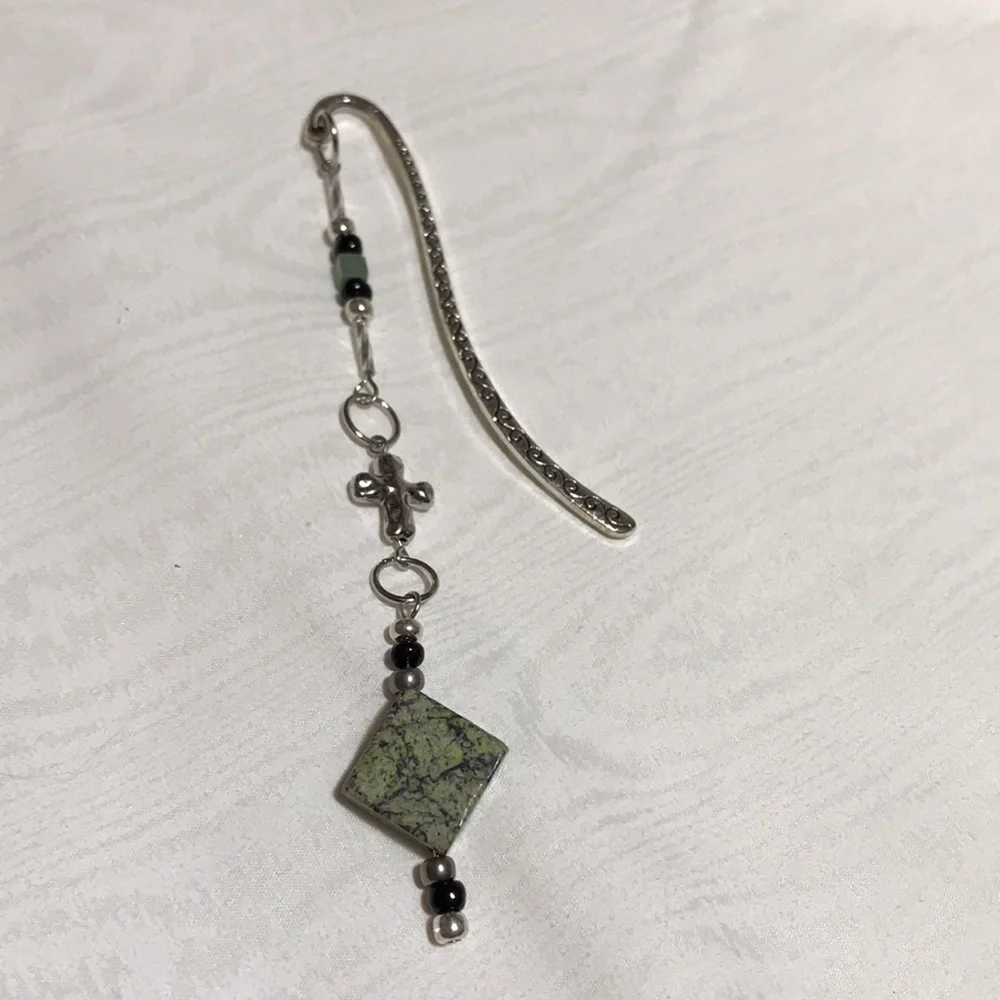 Metal Shepherds Hook Bkmk w/Gemstone Beads, Glass Seed Beads, & Metal Cross Bead